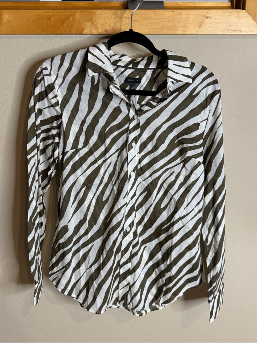Talbots White and Olive Zebra-Stripe Button-Up Shirt